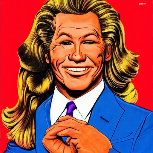 Prompt: handsome, jocelyn wildenstein, pop art poster, soviet propaganda poster, vivid colors, cartoon, long chin, big smile