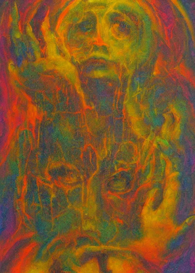 Prompt: unholy deva of the golden mythos beloved (dreamy) gnostic fog, award winning oil painting, chromatic aberration sharp colors