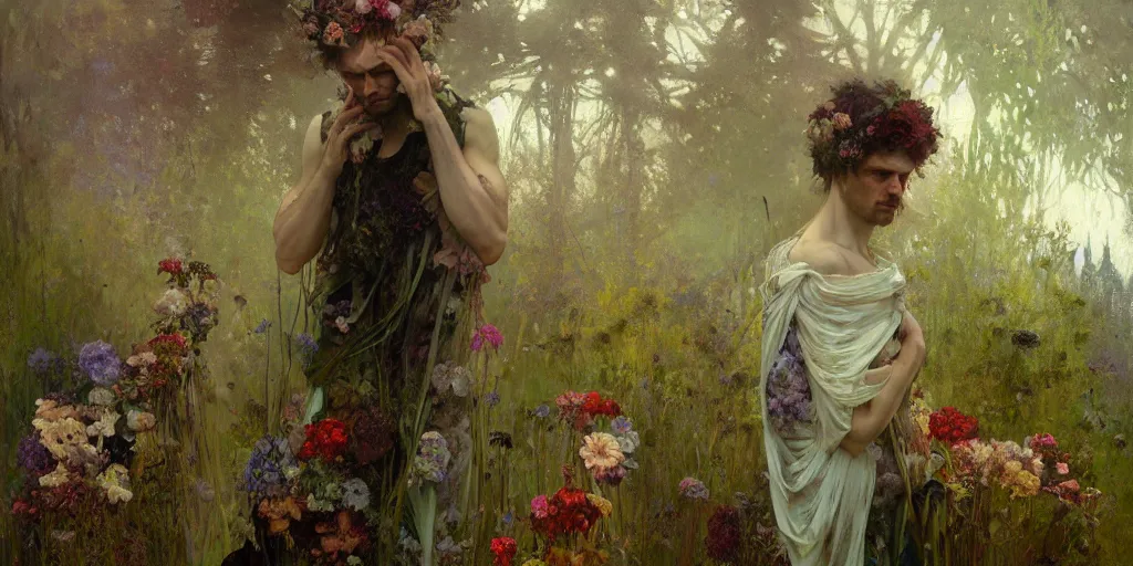 Prompt: hyperrealist portrait of a sad man covered in a dress of flowers, moss and fungi. by jeremy mann and alphonse mucha, fantasy art, photo realistic, dynamic lighting, artstation, poster, volumetric lighting, very detailed faces, 4 k, award winning