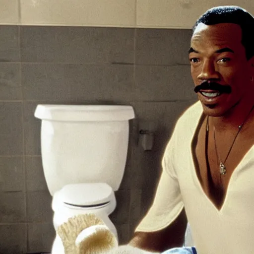 Prompt: a 8 0's movie poster starring eddie murphy as a plumber for rich people. he's in a large bathroom working with a toliet. the movie is titled beverly hills crap