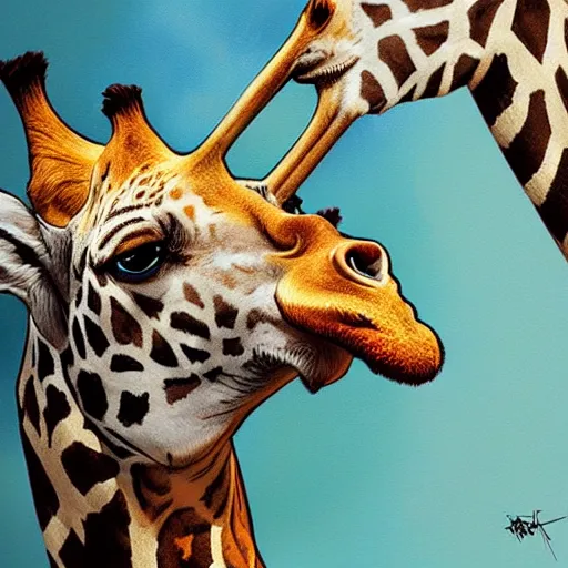Prompt: Graffiti of giraffe eating tiger, intricate, highly detailed, digital painting, artstation, concept art, smooth, sharp focus, art by artgerm and greg rutkowski and alphonse mucha
