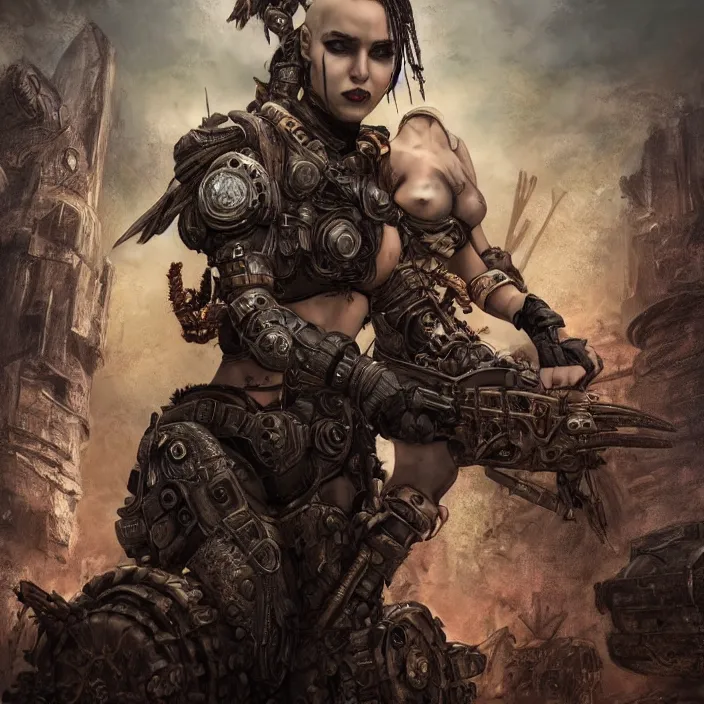 Prompt: beautiful apocalyptic woman with mohawk, standing on mad max panzer tank, hyper-detailed, smooth, sharp focus, 4k ultra hd, fantasy dark art, tank girl, artgerm, artstation, octane render, elegant, detailed digital painting, apocalyptic art, Francis bacon, gears of war, unreal engine, 3d depth map