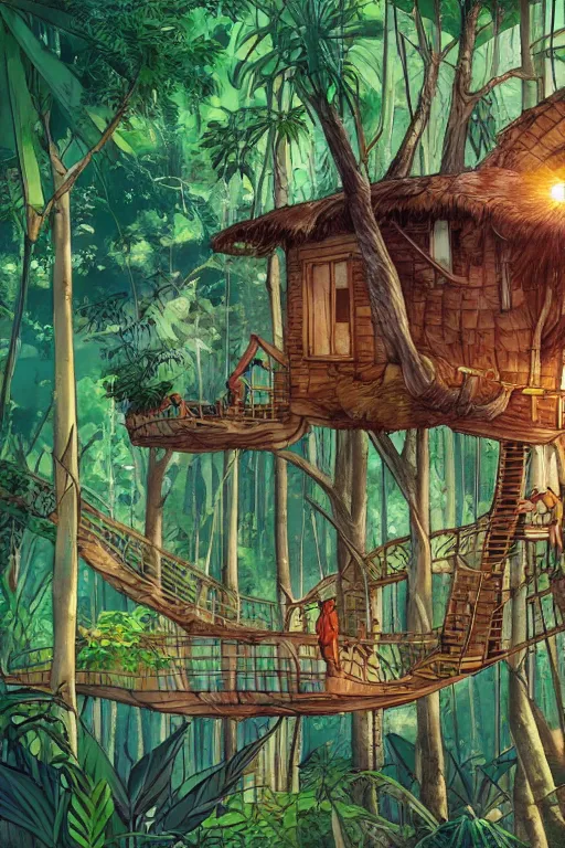 Image similar to a tree house in the jungle, sunshine, by alba ballesta gonzalez and moebius. 4 k wallpaper, digital flat 2 d, japan animation, comic book, illustration, cinematic lighting, smooth sharp focus.