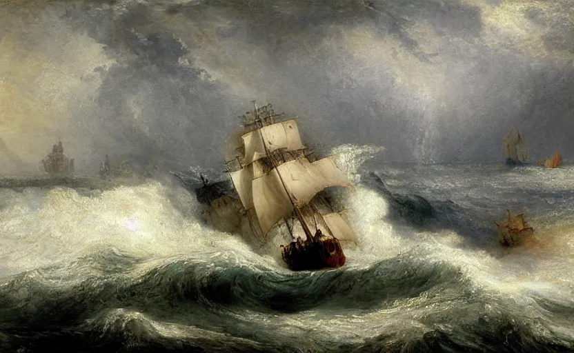 Image similar to a pirate boat in the sea with big waves by William Turner