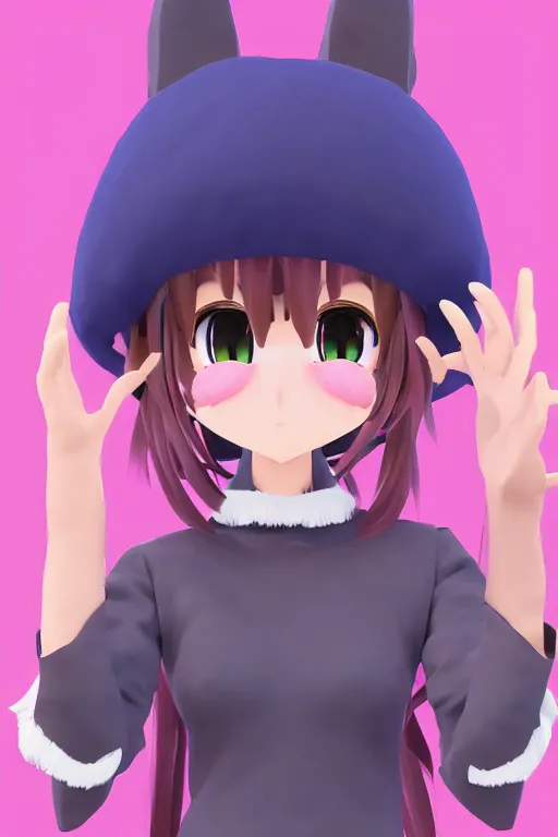 Prompt: a vrchat avatar girl with fuzzy bunny ears, whiskers like a cat, and a big pink beret, anime style, cel shaded, cute, kawaii, jewelry