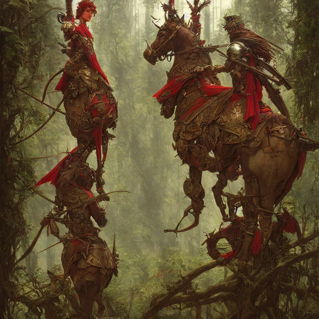 Image similar to fantasy male knight red plume, center focused, matte painting, lush fairy forest, neon, concept art, schematics, gnarly details painted by tom bagshaw, norman rockwell, mucha, james gurney, high detail, denoised, sharp, architectural