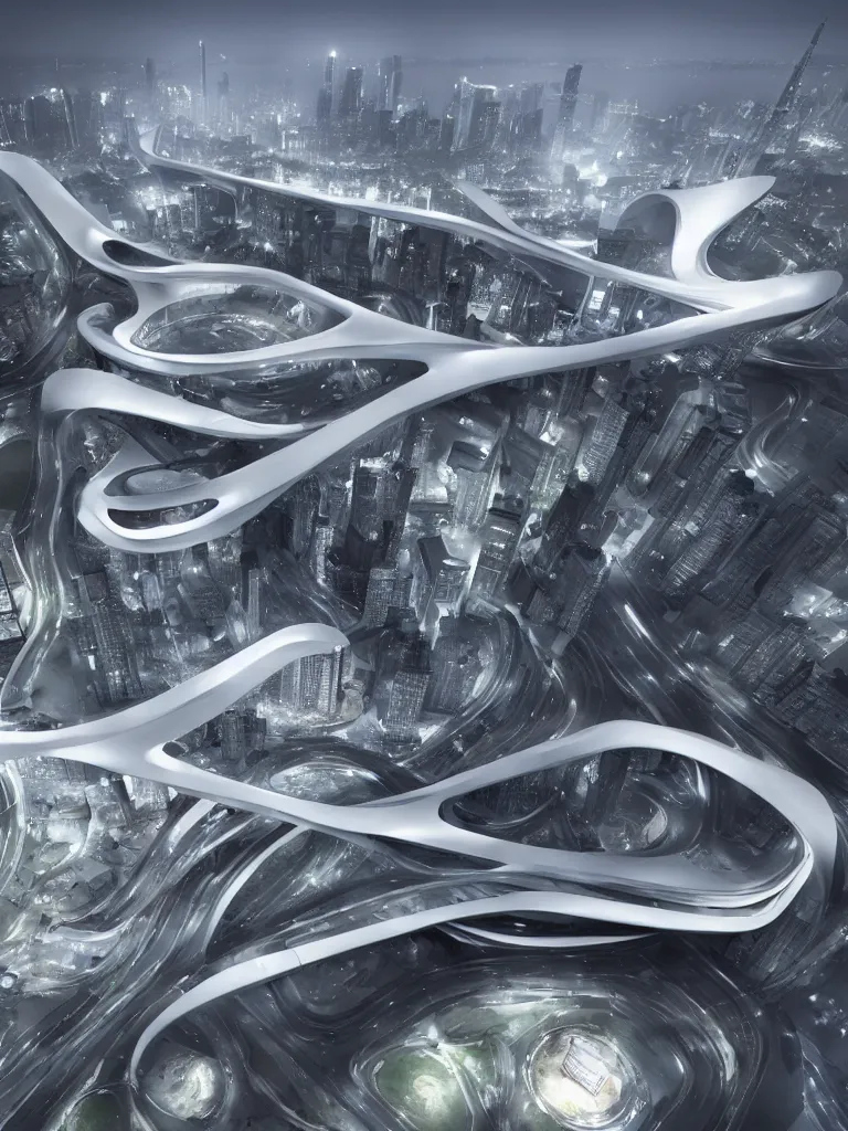 Prompt: a city designed by Zaha Hadid