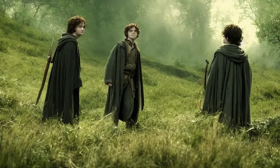 Prompt: Cinematic still of Harry Potter and Frodo in Lord of the Rings, cinematic photography, grainy