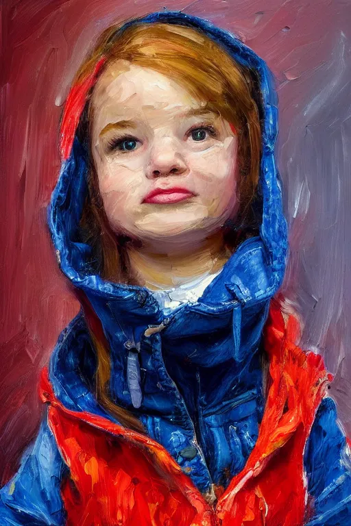 Image similar to palette knife oil painting portrait of nellie, a small figured young woman, dressed like a country bumpkin : jeans, boots, a pointy bright red hoodie. extreme detail, artstation trending, artgerm, any racial background, deviant art, octane, substance, art history 8 k