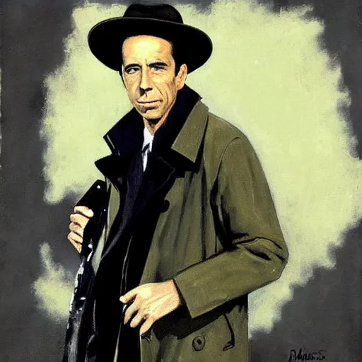 Prompt: “painting of Humphrey bogart as 1940s private eye, in trench coat and hat, noir atmosphere, by Robert McGinnis”