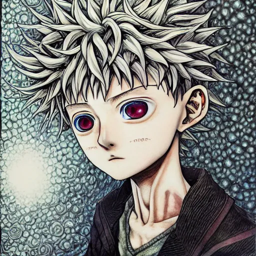 Prompt: beautifil, crying sad, killua zoldyck painted in jacek yerka aykut aydogdu and leslie zhang style drawn by vania zouravliov and takato yamamoto, intricate acrylic gouache painting, high detail, sharp high detail, artstation, manga and anime