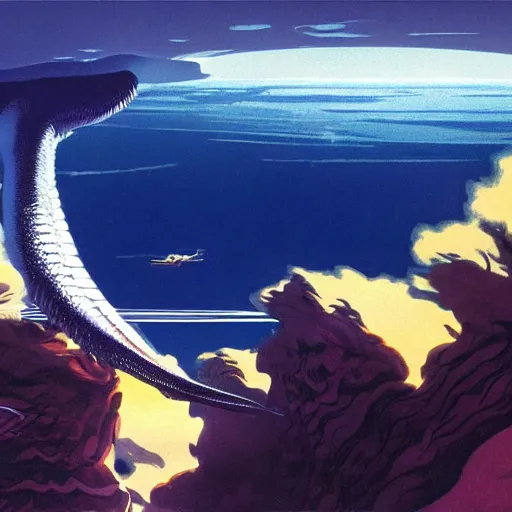 Prompt: overhead look of an alien ocean with clouds above it, serpent emerging out of the water, mountains on the background, syd mead, john harris,