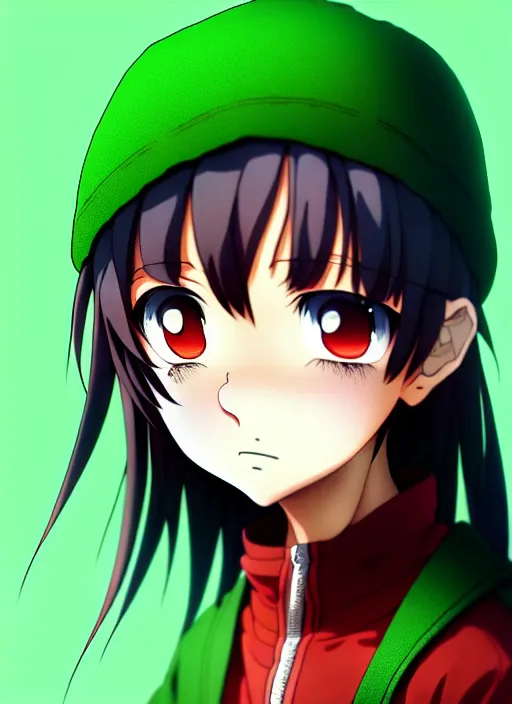 Image similar to anime portrait seu madruga, el chavo, dark hair, red eyes, wearing green jacket, ilya kuvshinov, anime, pixiv top monthly, trending on artstation, cinematic, danbooru, zerochan art, kyoto animation