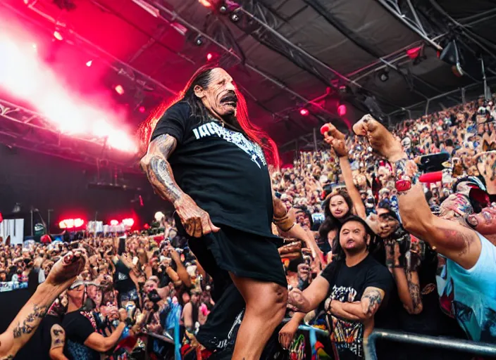 Prompt: photo still of danny trejo at vans warped tour!!!!!!!! at age 6 3 years old 6 3 years of age!!!!!!! stage diving at a crowd, 8 k, 8 5 mm f 1. 8, studio lighting, rim light, right side key light