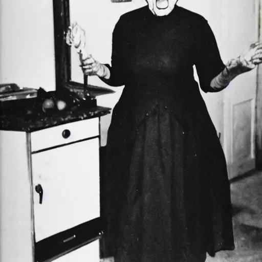 Prompt: old photo of a scary grandma in black dress, horror, hugh quality face, b/w tv