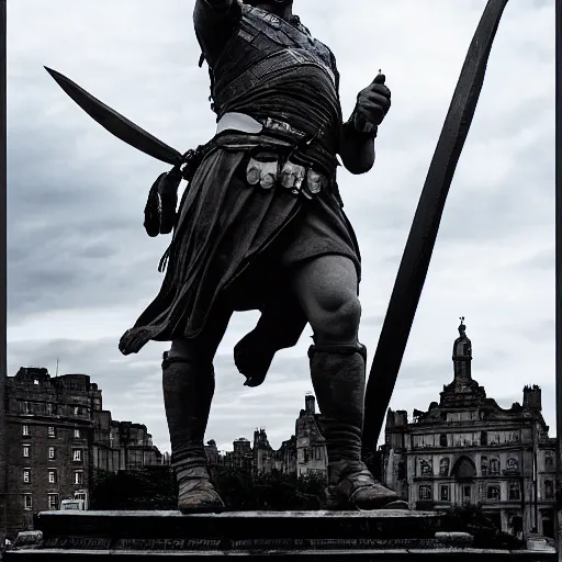 Image similar to a photorealistic marble statue of Mel Gibon’s William Wallace in a Scottish city a night, lit with dramatic lighting, using the golden circle ratio to frame the image correctly, 35mm wide shot, highly detailed