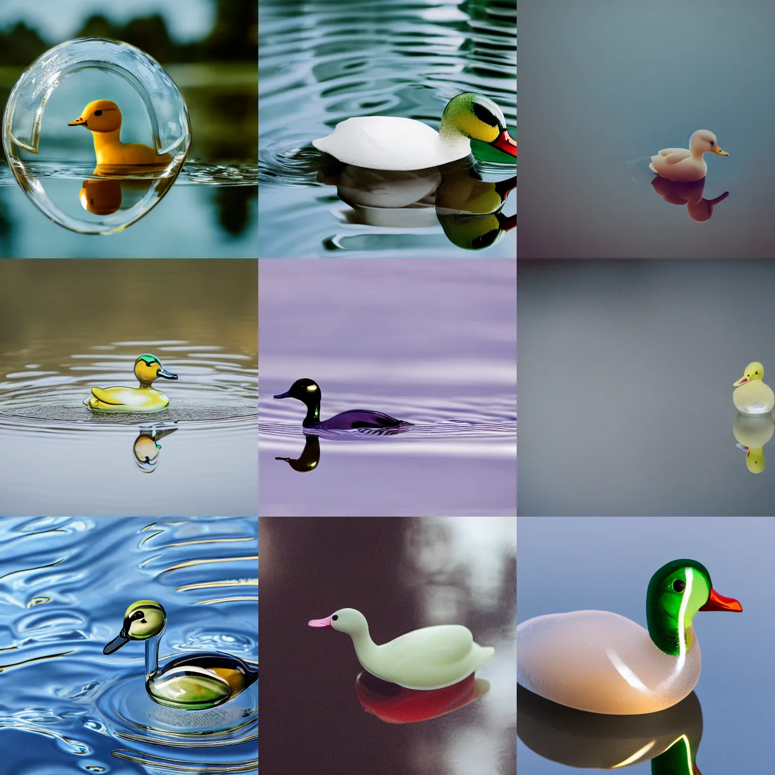 Prompt: a close up photo of a transparent glassy glass duck, professional photography