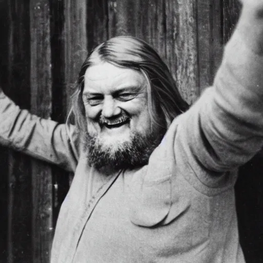 Prompt: laughing robert wyatt pointing a gun at the camera