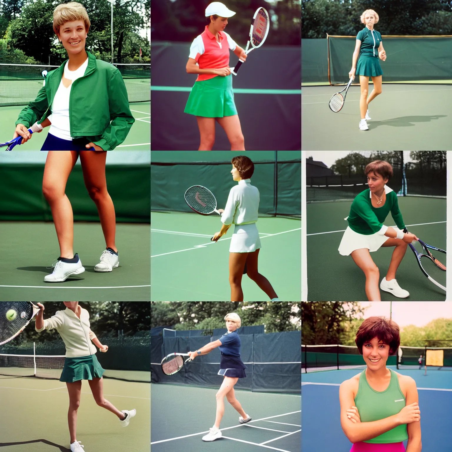 Prompt: A woman, tennis wear, short hair, tights; on the green tennis coat, summer; 90's professional color photograph, close up, view from front,