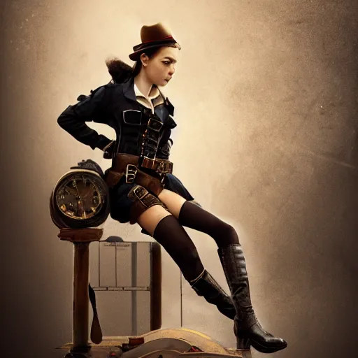 Prompt: Young girl in steampunk clothes, she wears boots and holds a gun, full body shot, sharp focus, photography, very detailed, dark hair, octane render, by greg rutkowski, by nikon, by Iphone, 4k