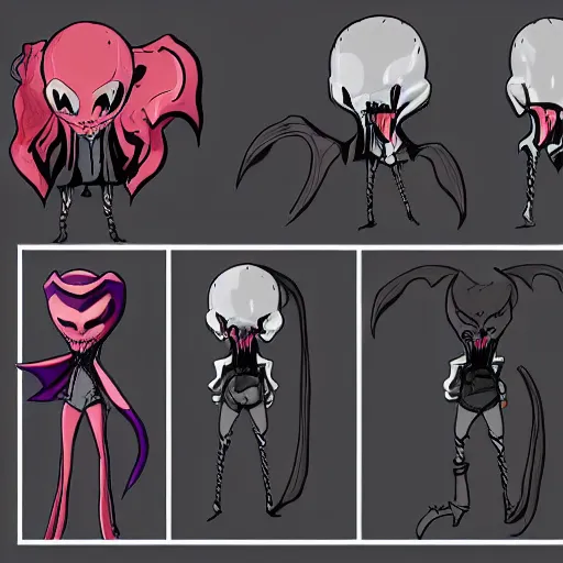 Prompt: various character sheets with character designs for a character with a squid for a head wearing a long vampire cape made from dark wispy smoke made as an enemy in Splatoon by nintendo