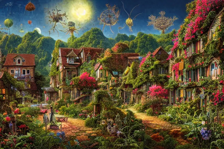 Image similar to quaint village surrounded by gardens by ernst haeckel, david a. hardy, oyama kojima, phil koch, annie leibovitz, benoit mandelbrot, dan mumford, bruce pennington, mimmo rotella