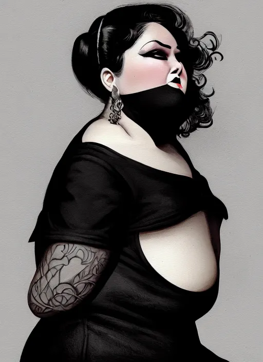 Prompt: portrait of a chubby woman with a crooked nose and a confident expression, 1 9 6 0 s, black clothes, goth, punk, funk, intricate, elegant, highly detailed, digital painting, artstation, concept art, smooth, sharp focus, illustration, art by wlop, mars ravelo and greg rutkowski