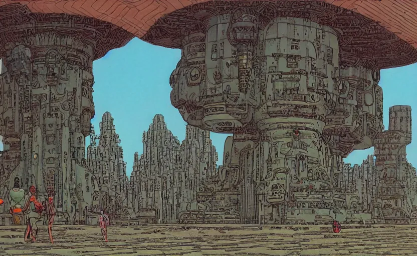 Image similar to the entrance into the giant temple of the future robot gods by moebius