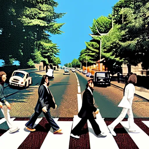 Image similar to 4 men walking on crosswalk on abbey road, city, digital art, 8 k.