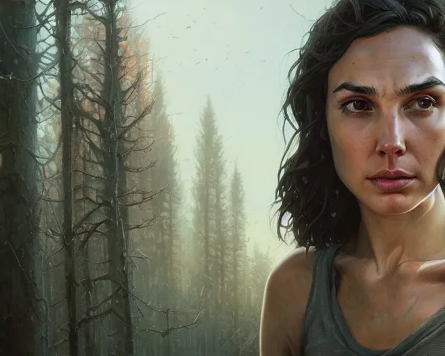 Image similar to highly detailed portrait of gal gadot, in the walking dead, stephen bliss, unreal engine, fantasy art by greg rutkowski, loish, rhads, ferdinand knab, makoto shinkai and lois van baarle, ilya kuvshinov, rossdraws, tom bagshaw, global illumination, radiant light, detailed and intricate environment