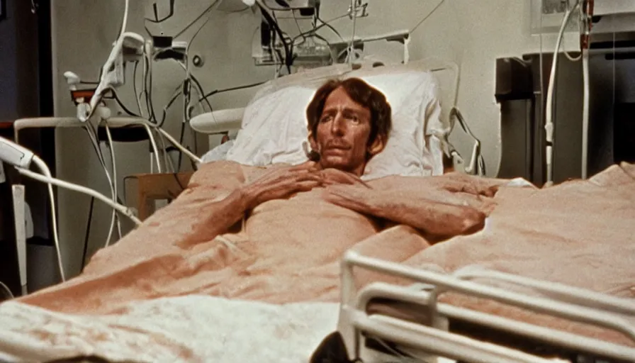 Image similar to 70s movie still of a ill skinny man in hospital, eastmancolor, heavy grain, high quality, higly detailed, liminal space