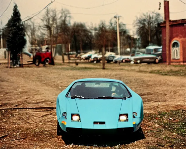 Image similar to a lomographic photo of lamborgini standing in typical soviet yard in small town, hrushevka on background, cinestill, bokeh