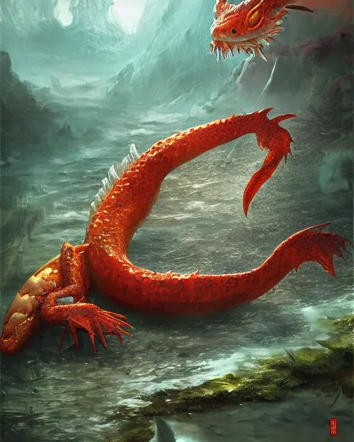 Image similar to game character, ethereal, gorgeous, mysteriously beautiful giant huge kaiju sized pond dragon half fish half salamander, sea dragon, wet amphibious skin, red salamander, axolotl creature, koi pond, korean village by Ruan Jia and Gil Elvgren, fullbody