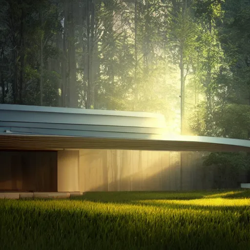 Image similar to futuristic house where nature blends into architecture, beam of light entering from a window, structure merging into the landscape, octane render, 4k