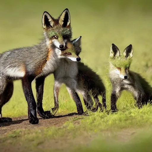 Prompt: A real photo of a smiling green fox giving birth to three youngsters, hyperrealistic