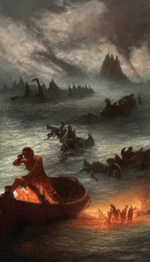 Prompt: man on boat crossing a body of water in hell with creatures in the water, sea of souls, by james gurney