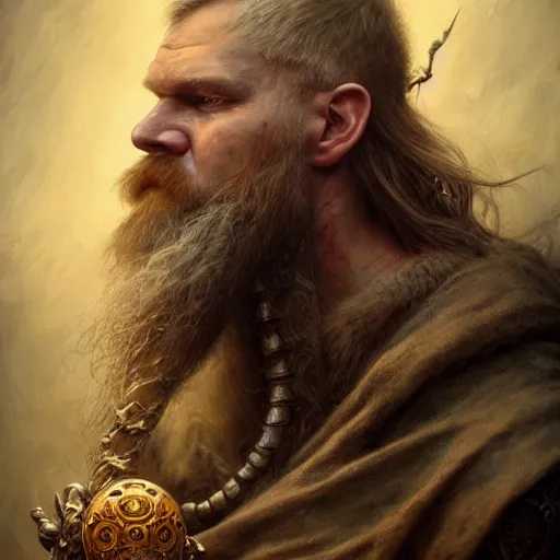 Image similar to a beautiful detailed 3d matte portrait of a nordic viking man, by ellen jewett, by tomasz alen kopera, by Justin Gerard, red brown full beard, ominous, magical realism, texture, intricate, skull, skeleton, gold coins, money, whirling smoke, rhymes, radiant colors, fantasy, volumetric lighting, high details