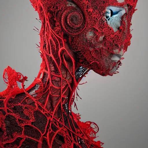 Prompt: a female model by stefan geselle and nekro borja, photorealistic, biomechanical, fractal fiberglass tendrils, red lace, intricate details, hyper realistic, ornate headpiece, dark beauty, photorealistic, canon r 3, photography, wide shot, photography, dark beauty, symmetrical features