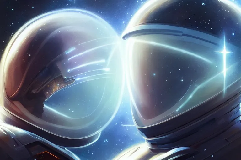 Image similar to Portrait of a Futuristic reflective spacesuit visor mirror spacesuit reflecting a nebula supernova in space, portrait, elegant, intricate, digital painting, artstation, concept art, smooth, sharp focus, illustration, art by artgerm and greg rutkowski and alphonse mucha