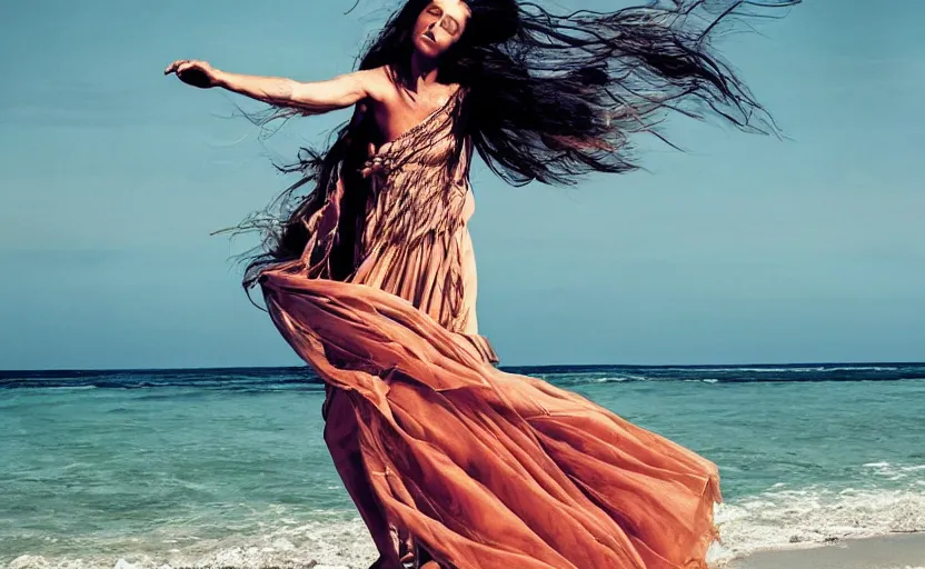 Prompt: an editorial in Vogue of a female model riding a hore along a beautiful beach, long hair and floating dress in the wind, by Peter Lindberg, etheral, dramatic, 8k, ultra detailed digital art