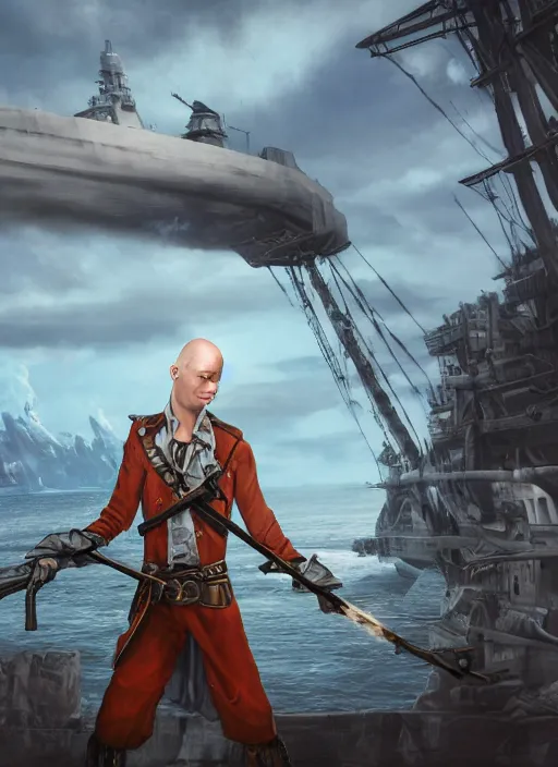 Image similar to An epic fantasy comic book style portrait painting of a skinny white bald sky-pirate with a goofy expression sitting in front of a ship's cannon, unreal 5, DAZ, hyperrealistic, octane render, cosplay, RPG portrait, dynamic lighting