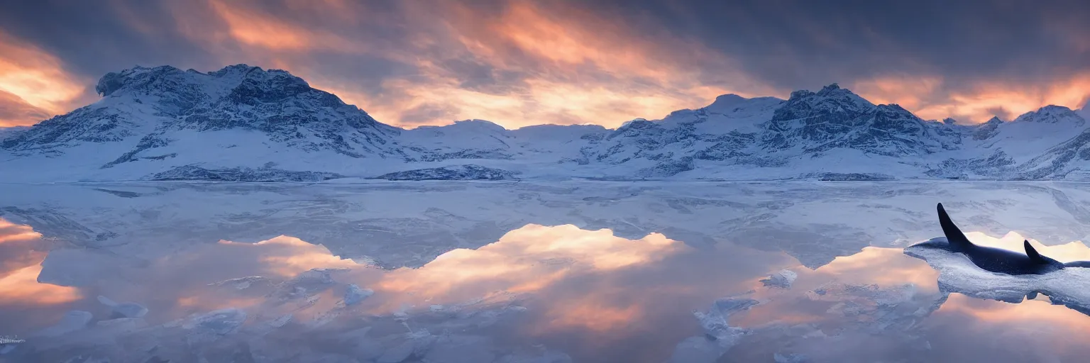 Image similar to amazing landscape photo of a large whale underneath transparent frozen lake at sunset by marc adamus beautiful dramatic lighting