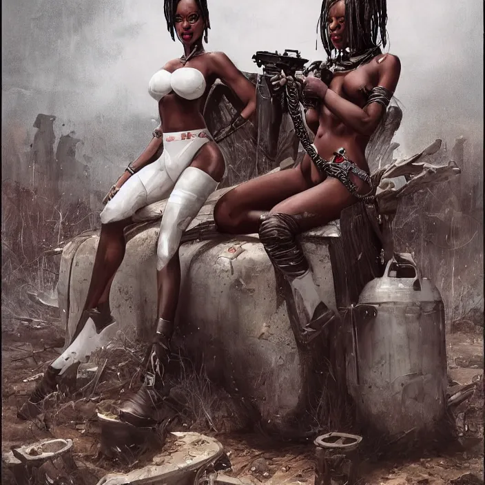 Prompt: african domme mistress in her throne, full body, petite, ebony skin, rubber and latex, postapocalyptic, slaves, smooth white surroundings, smooth, concept art, realistic painting, digital art by greg rutkowski, by junji ito