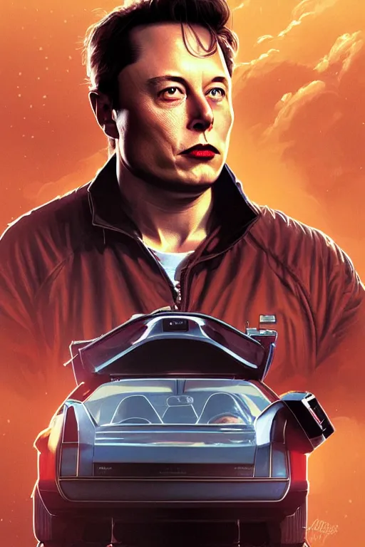 Image similar to elon musk as marty mcfly near delorean, realistic portrait, symmetrical, highly detailed, digital painting, artstation, concept art, smooth, sharp focus, illustration, cinematic lighting, art by artgerm and greg rutkowski and alphonse mucha