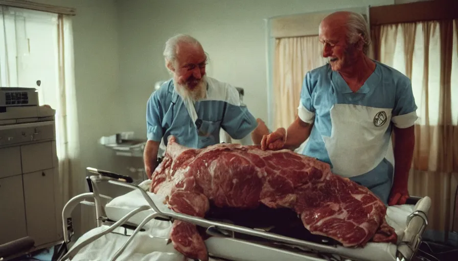 Prompt: 7 0 s movie still of a old man with a meat chest in the hospital, cinestill 8 0 0 t 3 5 mm eastmancolor, heavy grain, high quality, high detail