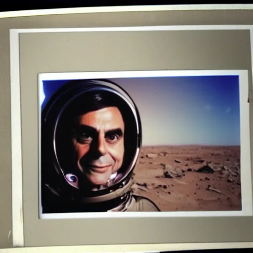 Image similar to polaroid carl sagan in a spacesuit on mars, with rover, detailed face