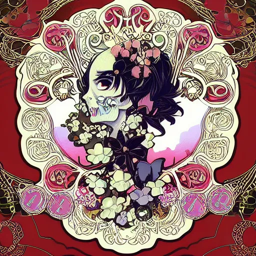 Prompt: anime manga closeup skull portrait floral detailed highres 4k intricate nature comic patterns vector illustration style by Alphonse Mucha and James Jean pop art nouveau