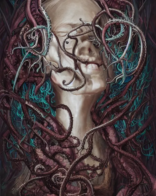 Prompt: centered beautiful detailed side view profile portrait of a insane, crazed, mad vampire old woman, ornate bleeding tentacles growing around, ornamentation, thorns, vines, tentacles, elegant, beautifully soft lit, full frame, by wayne barlowe, peter mohrbacher, kelly mckernan, h r giger