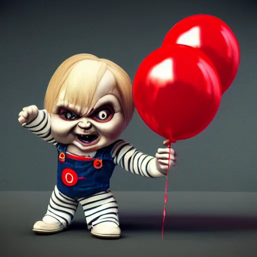 Prompt: screaming chucky doll balloons octane render