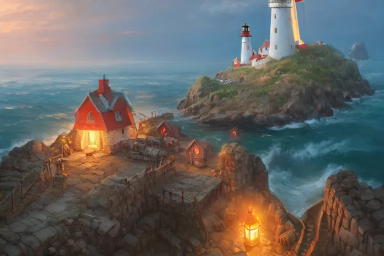 Image similar to Cozy small fantasy village on a cape with a lighthouse, fishing boats, view from above. In style of Greg Rutkowski, Jesper Ejsing, Makoto Shinkai, trending on ArtStation, fantasy, great composition, concept art, highly detailed, scenery, 8K, Behance.